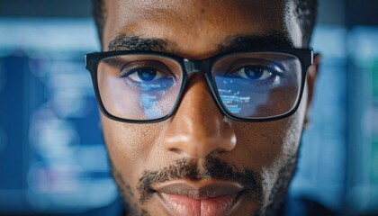 Close-up of a male programmer's face with computer code clearly visible in his eyeglass lenses