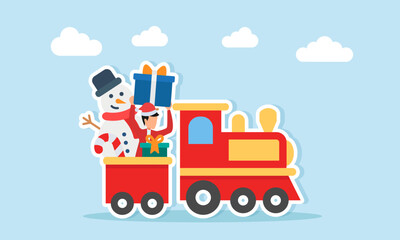Man in red outfit with Santa hat riding train holding gift in same carriage with snowman and presents illustration for Christmas holiday celebration appreciation