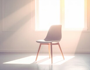 A modern chair sits in front of a bright window, bathed in sunlight.