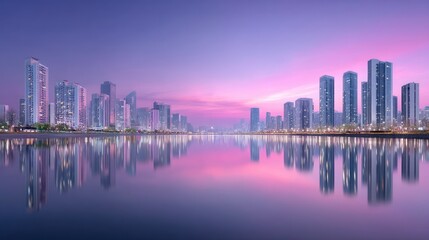 Fototapeta premium City Skyline Reflection on Water at Dusk with Pink and Purple Sky Evening Urban Scene with Illuminated Skyscrapers and Water Reflections