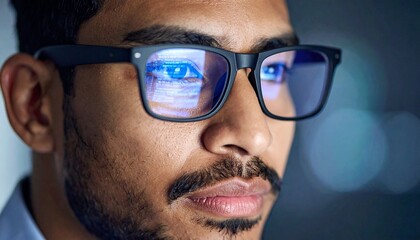 Close-up of a male programmer's face with computer code clearly visible in his eyeglass lenses