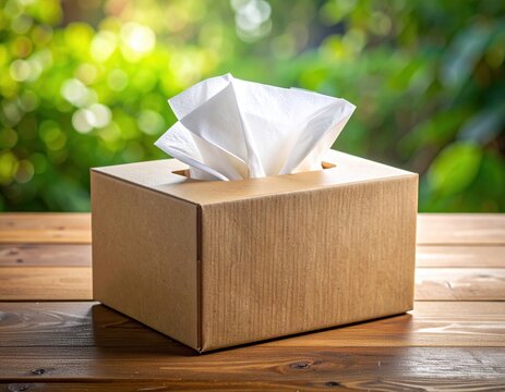 Tissue box on a wooden table with a blurred green background.