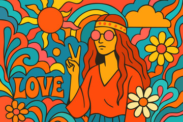 Love. Vibrant hippie trippy scene. Bright vintage vector poster with dreamy psychedelic atmosphere