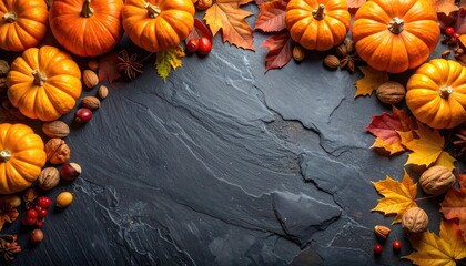 Autumn pumpkins & leaves on dark stone