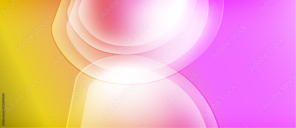 Poster Abstract background features flowing curves, vibrant yellow, pink hues. Soft gradients create luminous effect. Modern design element.