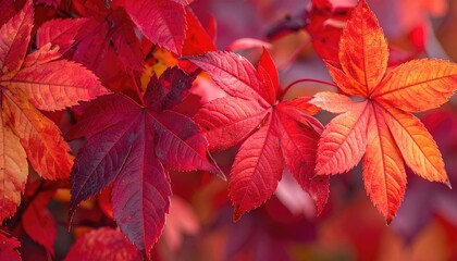 Vibrant fall foliage, close-up of red and orange maple leaves