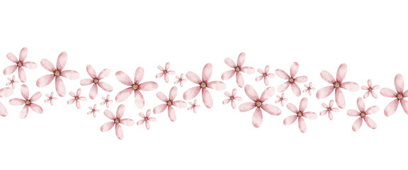 It's a girl. Watercolor hand-drawn horizontal border with little pink tenderness flowers. Seamless pattern for design gender reveal party, baby shower and nursery. Cute print for kids.