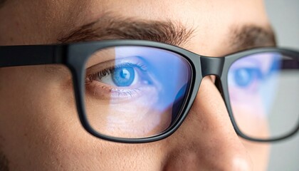 Close-up of a male programmer's face with computer code clearly visible in his eyeglass lenses