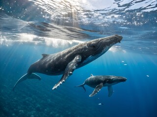 Fototapeta premium Humpback Whale Mother and Calf Swimming Underwater with Sun Rays silhouette