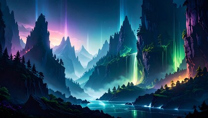 Fototapeta premium Mystical mountain valley, vibrant lights