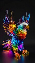 A beautiful and colorful eagle figurine made of faceted, rainbow-colored crystal or glass. This luxury sculpture creates vibrant reflections in a clean studio setting.