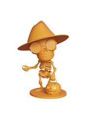 마녀 모자, 안경, 호박 양동이를 든 할로윈 해골 Halloween Skeleton with Witch Hat, Glasses and Pumpkin Bucket
