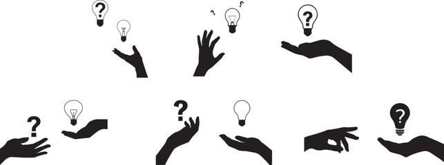 Brainstorming ideas question mark lightbulb solution innovation concept thinking hand