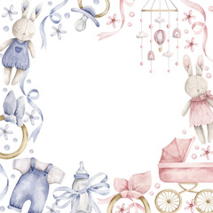 It's a boy or girl. Watercolor hand-drawn square card template with blue and pink baby mobile, dress, pacifier, wheelchair, bunny toy, rattle, bow and little flowers. 