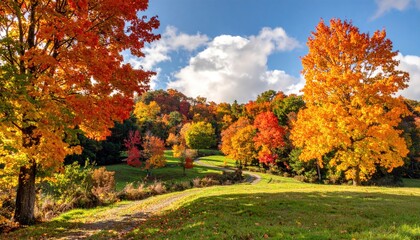 Naklejka premium Autumnal path through colorful woods