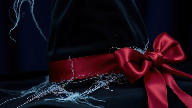 Black witch hat with silver cobwebs and crimson ribbon, embodying Halloween elegance and mystery.