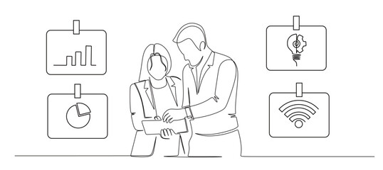 Line art of business men and women discussing and looking at gadgets and there is an icon or symbol of success on the wall