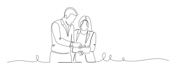 Line art of business men and women discussing and looking at gadgets.