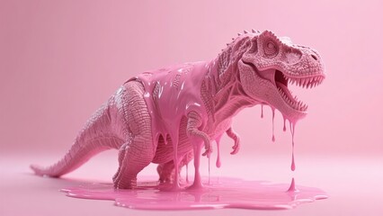 Pink dinosaur model covered in melting pink substance against a pink background