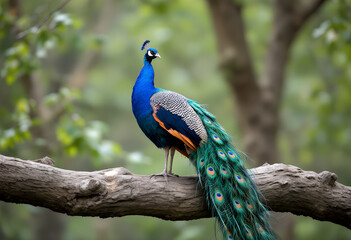 Peacock Standing on Tree Branch