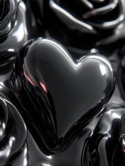 A glossy, dark heart shape is centered amidst a backdrop of swirling, dark rose shapes, creating a mesmerizing visual.