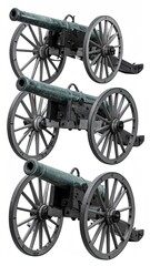 Fototapeta premium Three antique cannons on carriages, displayed side-by-side