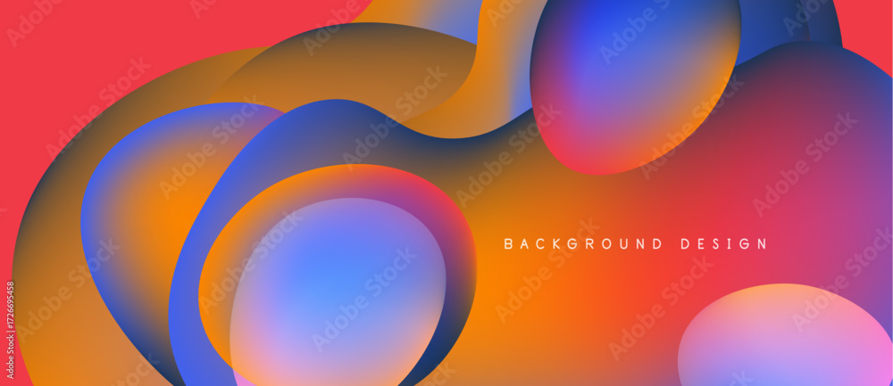 Poster abstract fluid shapes blend vibrant colors. orange, blue, red gradients create dynamic composition. 