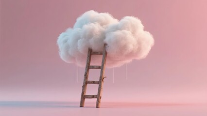 A wooden ladder leads up to a fluffy white cloud against a soft pink background