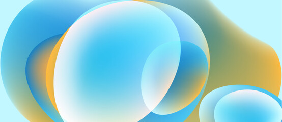 Abstract fluid shapes overlap, creating soft gradients. Colors blendblues, yellows, orangessuggesting movement, depth. Minimalist design.