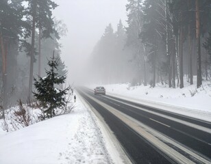 Car traveling down a snowy road surrounded by fog and tall trees in winter