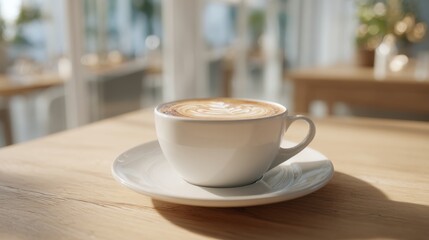 A beautifully crafted latte art in a white cup, resting on a plate, with soft morning light enhancing the cozy caf&eacute; atmosphere.