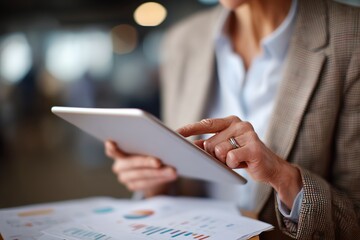 A businesswoman in a suit engages with data on a tablet, reflecting modern technology and digital analysis in business.