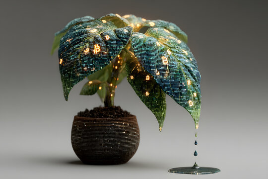 Bitcoin Plant With Digital Leaf And Pot Symbolizing Cryptocurrency Growth Investment And Finance