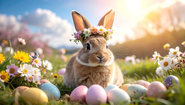 A brown bunny wearing a flower crown sits amidst colorful Easter eggs in a spring meadow - Powered by Adobe