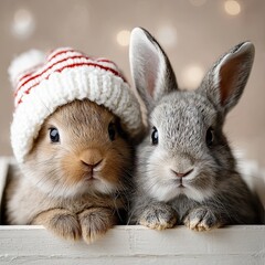 Christmas Eve Day Animal Kid Adorable rabbits wearing hats, perfect for a cozy, festive atmosphere.