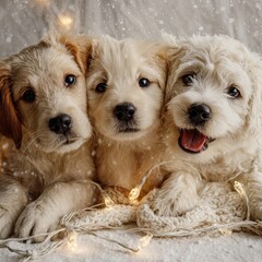 Christmas Eve Day Animal Kid Three adorable puppies snuggled together with twinkling lights in a cozy setting.