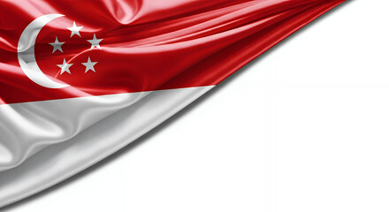 Singaporean flag waves gently in the breeze, symbolizing national pride and unity against a clean white backdrop, evoking a sense of patriotism and hope.