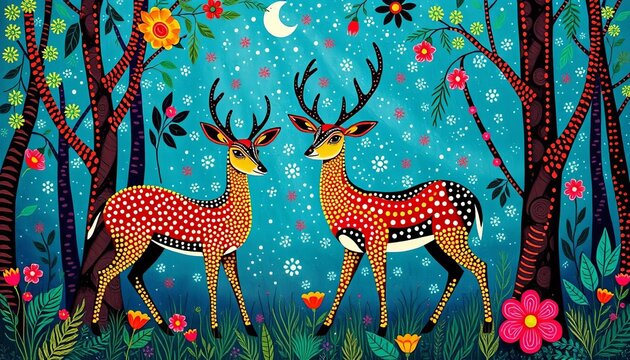Two stylized deer in whimsical forest, Gond-Madhubani & Aboriginal dot art fusion,  forest,  Madhubani