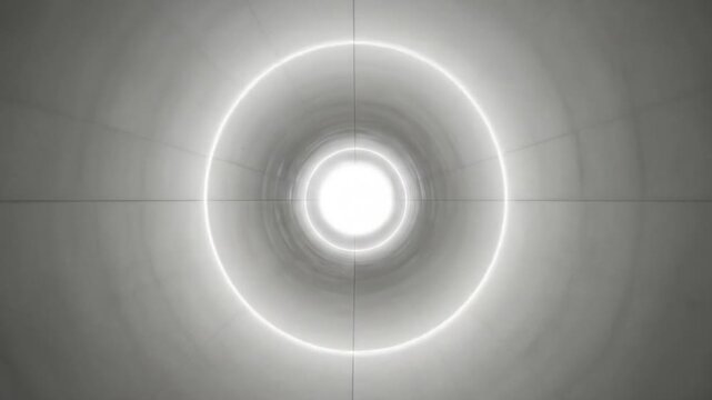 View Down a Cylindrical Gray Tunnel with Bright Light at the End and Symmetrical Concrete Walls in a Modern Geometric Architectural Design