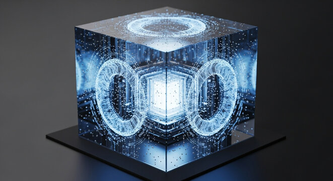 Abstract 3D rendering of a high-tech glass cube with a luminous, symmetrical energy source inside.