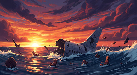 Airplane wreckage in the sea at sunset, a scene of disaster and loss