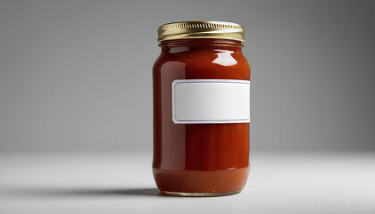 Sauce jar mockup with red sauce on grey background  