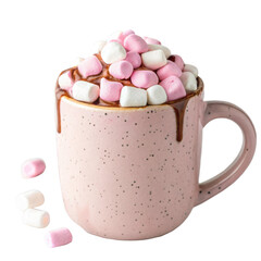 Hot chocolate with marshmallows isolated on transparent background in a pink mug