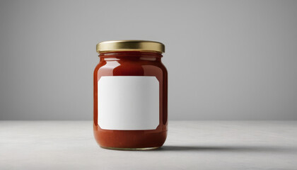 Sauce jar mockup with blank label on minimalist grey background  