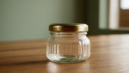 Empty sauce jar mockup on wooden table with green background  