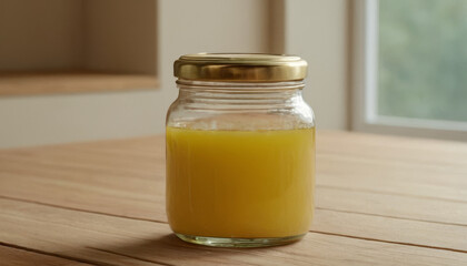 Sauce jar mockup with yellow liquid on wooden table in natural light  
