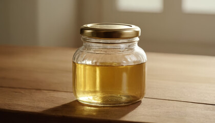 Sauce jar mockup with oil on wooden table in natural light  