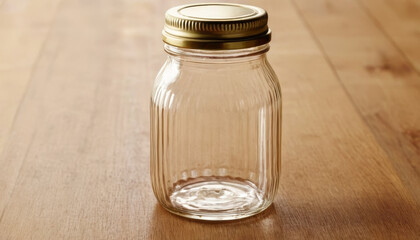 Sauce jar mockup on wooden table with simple design  