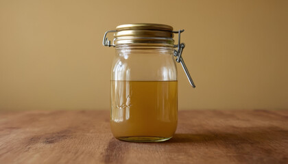 Sauce jar mockup filled with liquid on wooden table against beige wall  