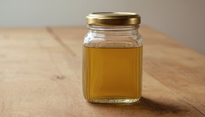 Sauce jar mockup filled with golden liquid on wooden table  